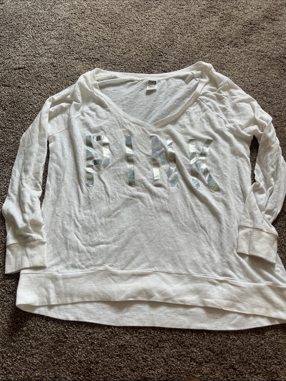 PINK Victoria's Secret White V-Neck Holographic Logo top